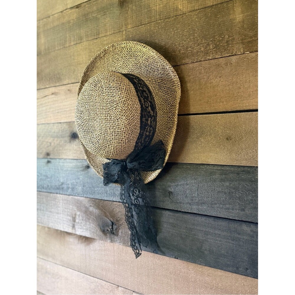 Vintage Straw Sun Hat With Black Lace Ribbon Cottagecore Wide Brim Hat - Picture 2 of 9
